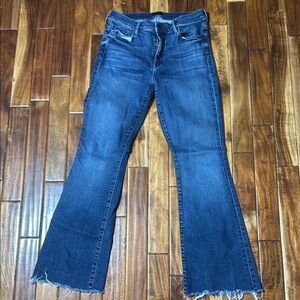 MOTHER Blue Flare Wide Leg Jeans with Distressed Hem